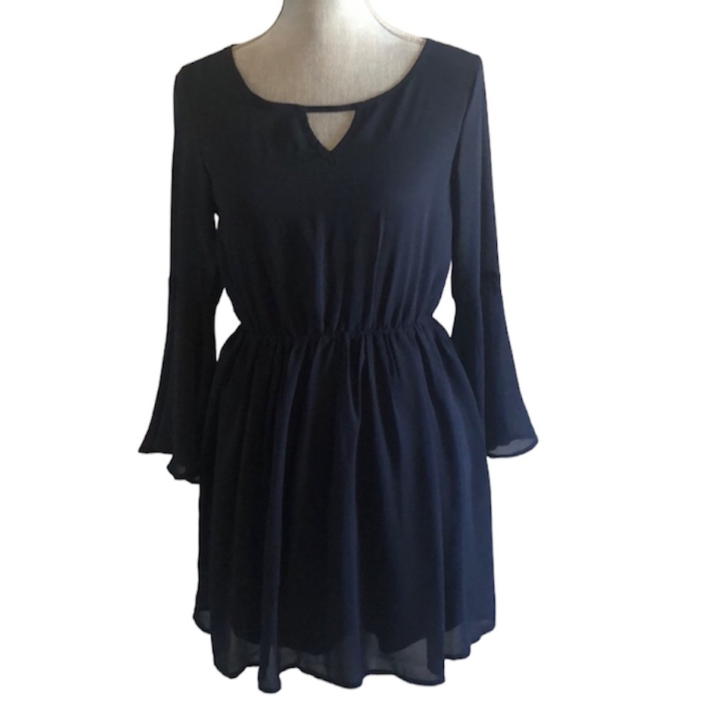 Paper Crane Navy Sheer Overlay Bell Sleeve Dress Size Small Fairy Whimsigoth